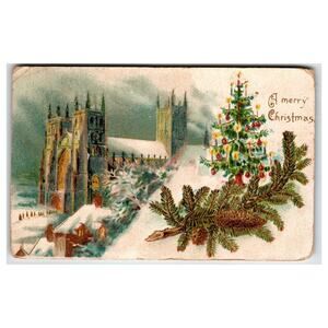 Vintage 1908 German Christmas Postcard Snowy Church & Decorated Tree